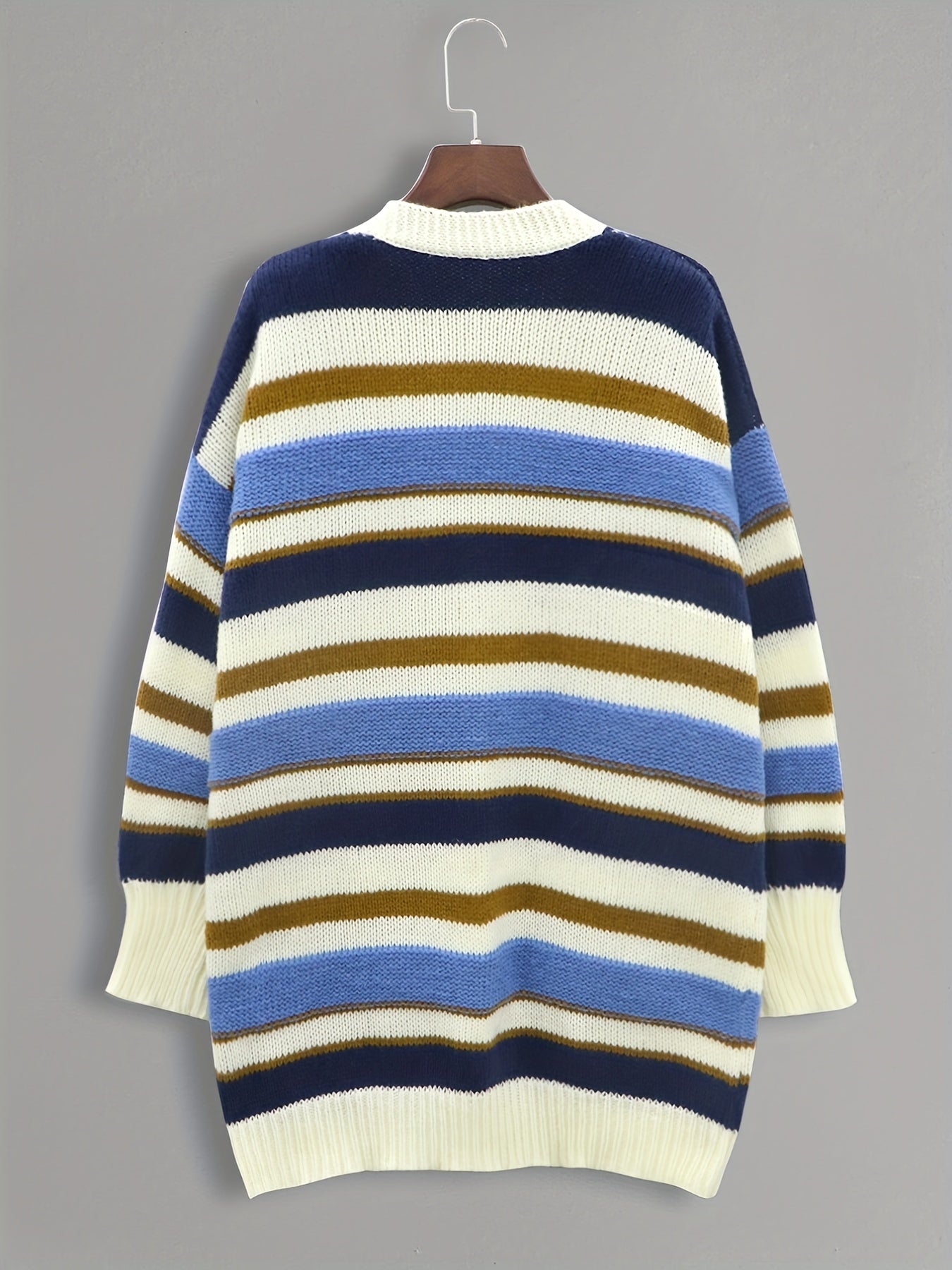 Casual Cardigan Women's Plus Stripe Print Button Up Long Sleeve