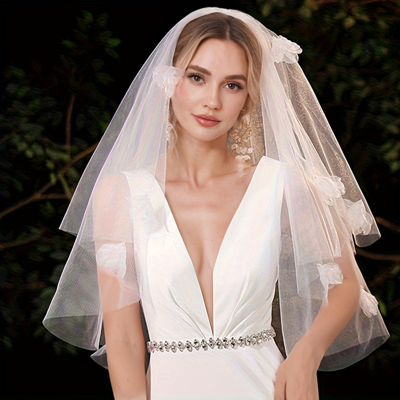 Romantic Floral Bridal Veil Headpiece with Cascading Layers & Delicate Flowers