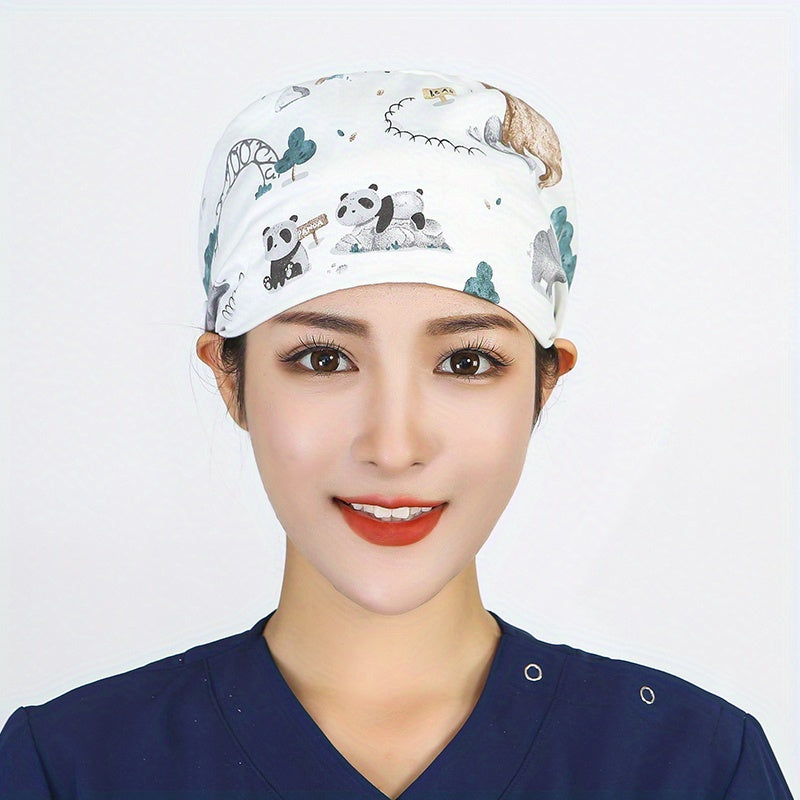 Cartoon Print Nurse Cap Scrub Cap with Button Elastic Adjustable Work Hat