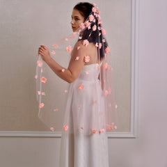 Romantic 3D Floral Bridal Veil Pink Flowers Long Finger Length