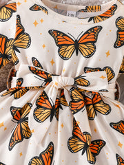 Baby Girls Butterfly Print Dress with Bow Belt for Spring and Autumn
