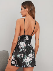 Floral Print Slip Nightdress Lace Deep V Split Sleep Dress