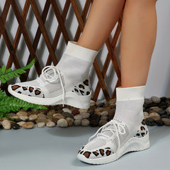 Leopard Print Knit Sneaker Boots Lace Up Stretch Short Boots