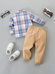 Handsome Baby Boys Plaid Shirt Pants Set Long Sleeve Top Trousers 2pcs