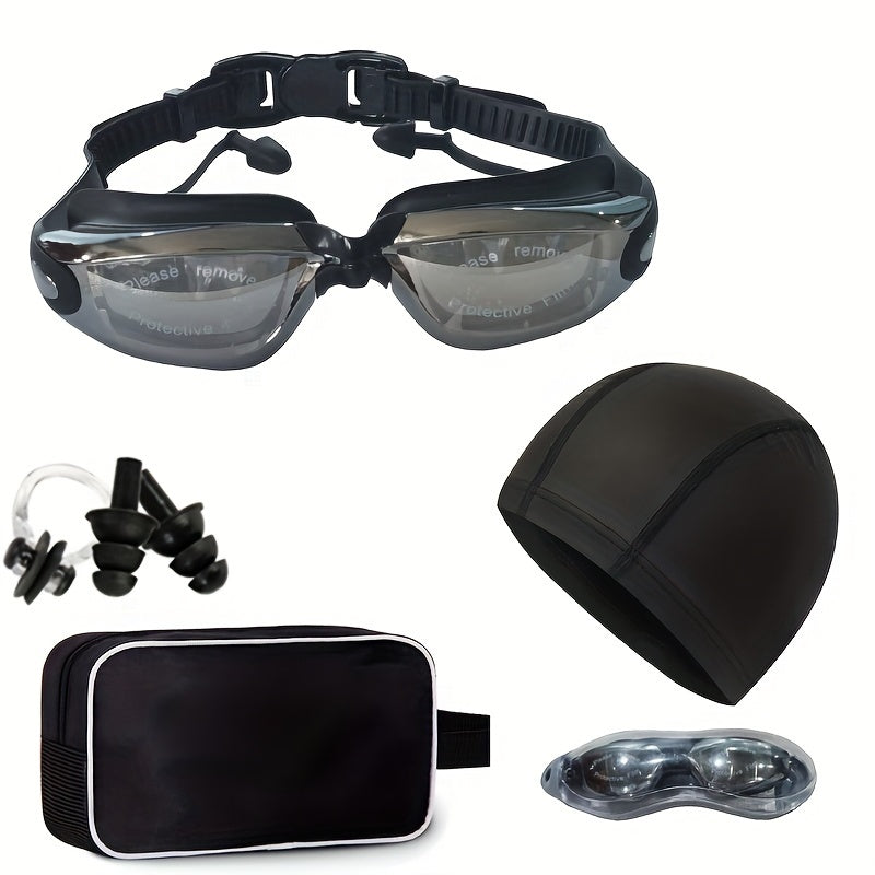 6-Piece Silicone Swimming Goggles Set with Storage Case - Black