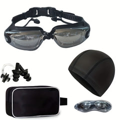 6-Piece Silicone Swimming Goggles Set with Storage Case - Black