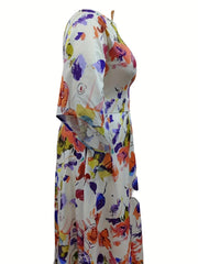 Casual Allover Print Bell Sleeve Maxi Dress With Pockets