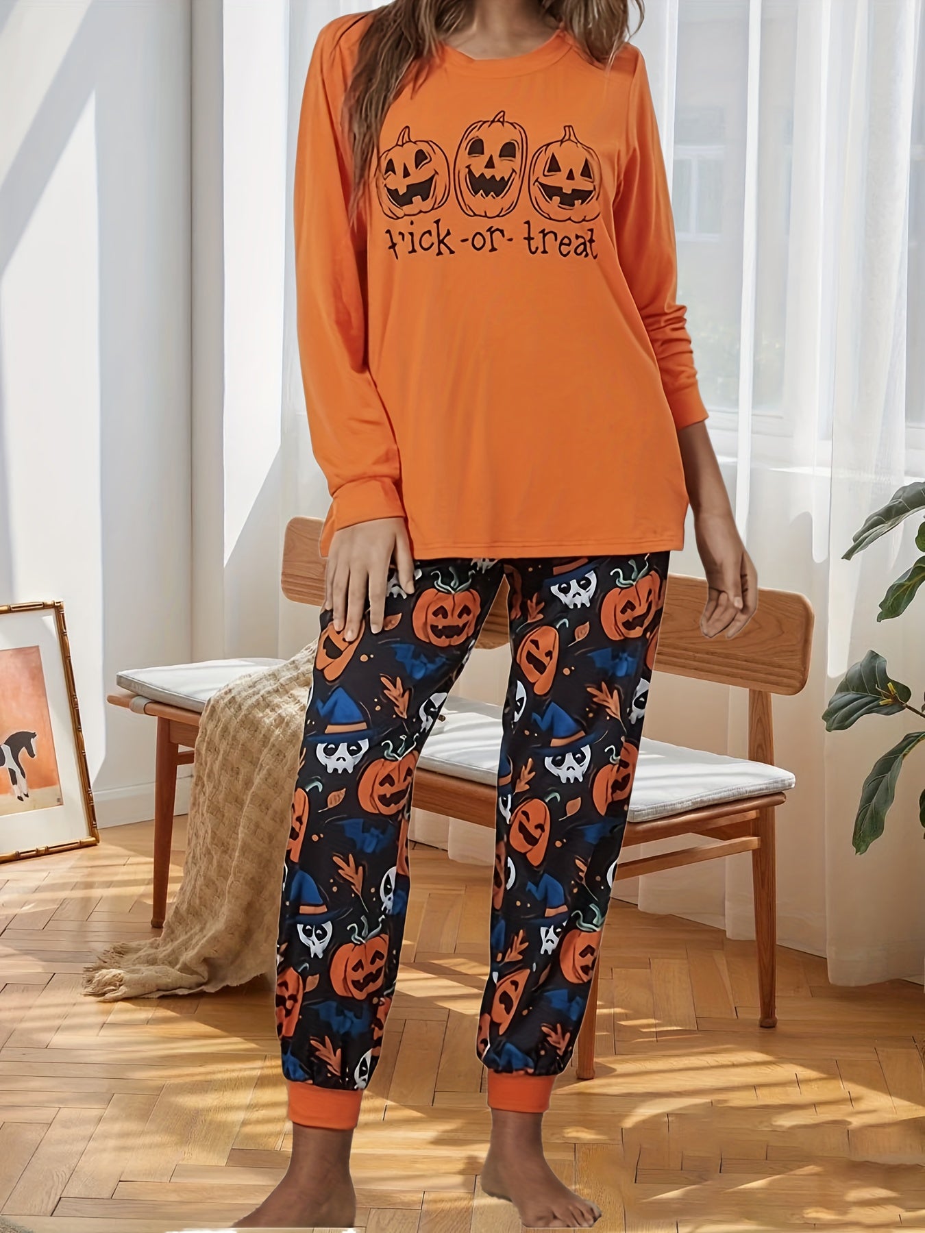 Women's Plus Funny Pumpkin Top & Jogger Pants Set