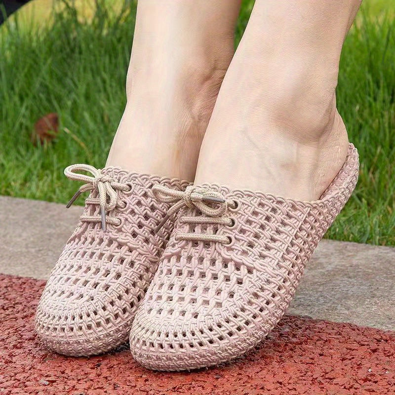 Women's Bowknot Hollow Out Flat Slides Closed Toe Mules