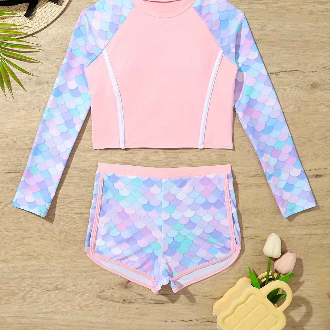 Quick Drying Fish Scale Print 2pc Swimsuits Girls Long Sleeve Top
