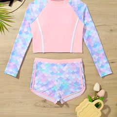 Quick Drying Fish Scale Print 2pc Swimsuits Girls Long Sleeve Top