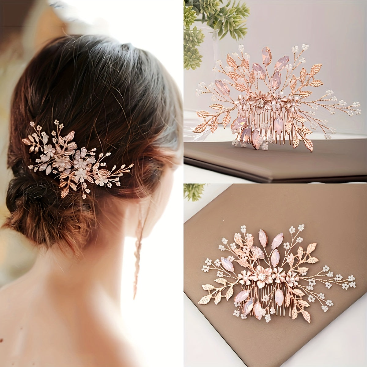 Rose Gold Hair Comb Floral Crystal Leaf Bridal Wedding Headpiece