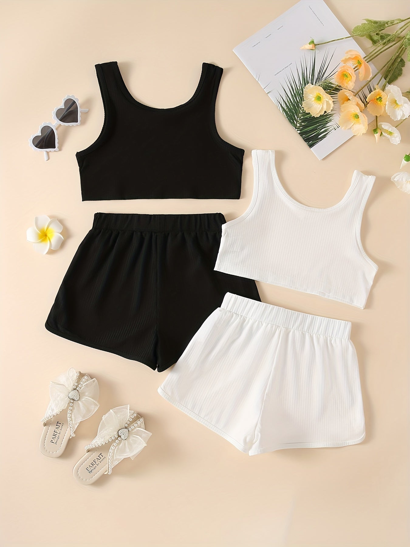 Girls Ribbed Knit Crop Tank Top & Shorts Set