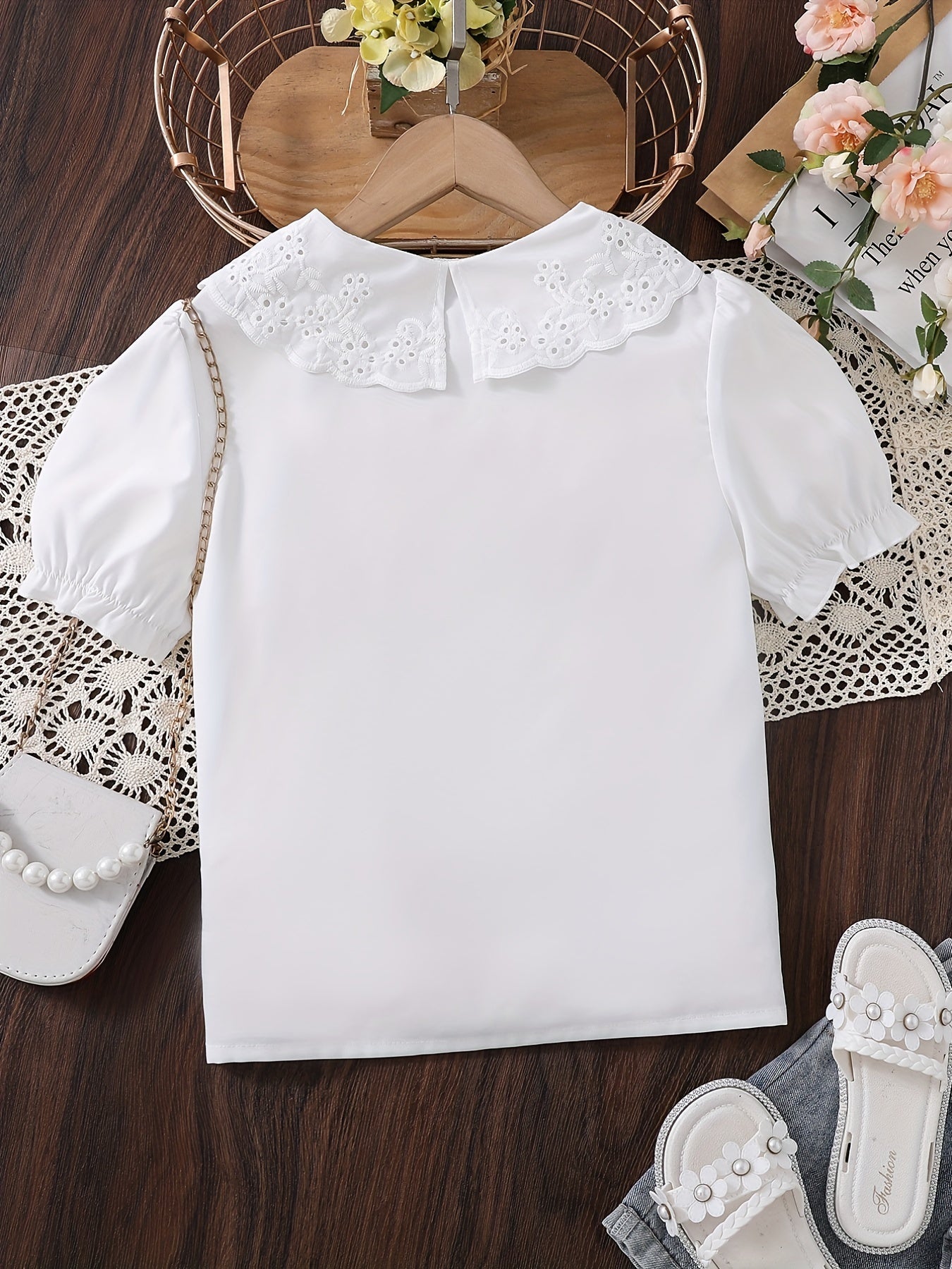 Toddler Girls Shirt Puff Sleeve Doll Collar Button Down Short Sleeve Blouse