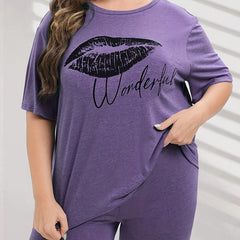 Kiss & Letter Print Tee & Biker Shorts Pajama Set
