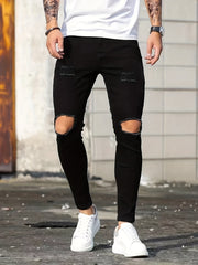Slim Fit Ripped Jeans Men's Distressed Denim Pants