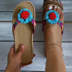 Women's Floral Flat Sandals Slip On Open Toe Linen Sole Home Non slip Slides