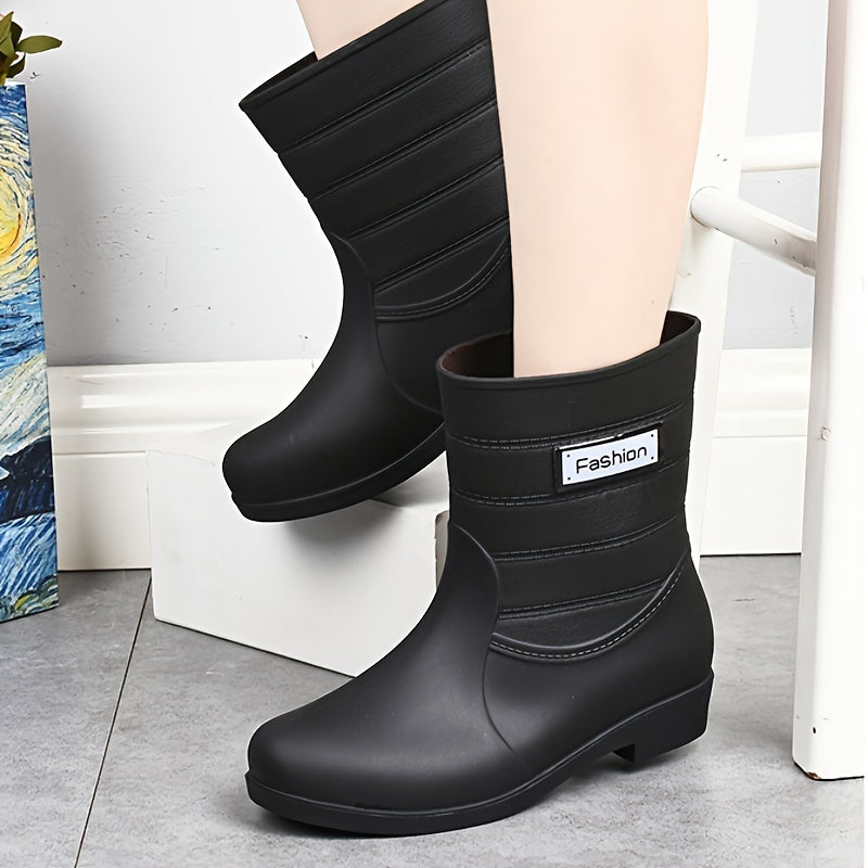 Mid Calf Waterproof Rain Boots PVC Flat Round Toe Thermal Rain Shoes
