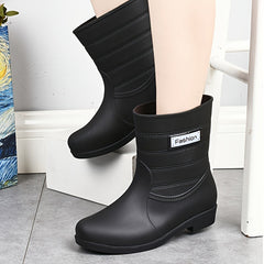 Mid Calf Waterproof Rain Boots PVC Flat Round Toe Thermal Rain Shoes
