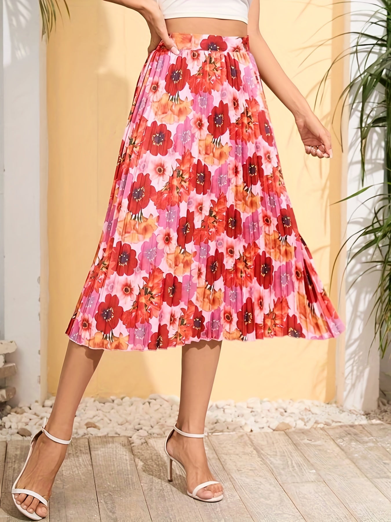 Floral Print Pleated Skirt High Waist Casual Skirt