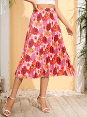 Floral Print Pleated Skirt High Waist Casual Skirt