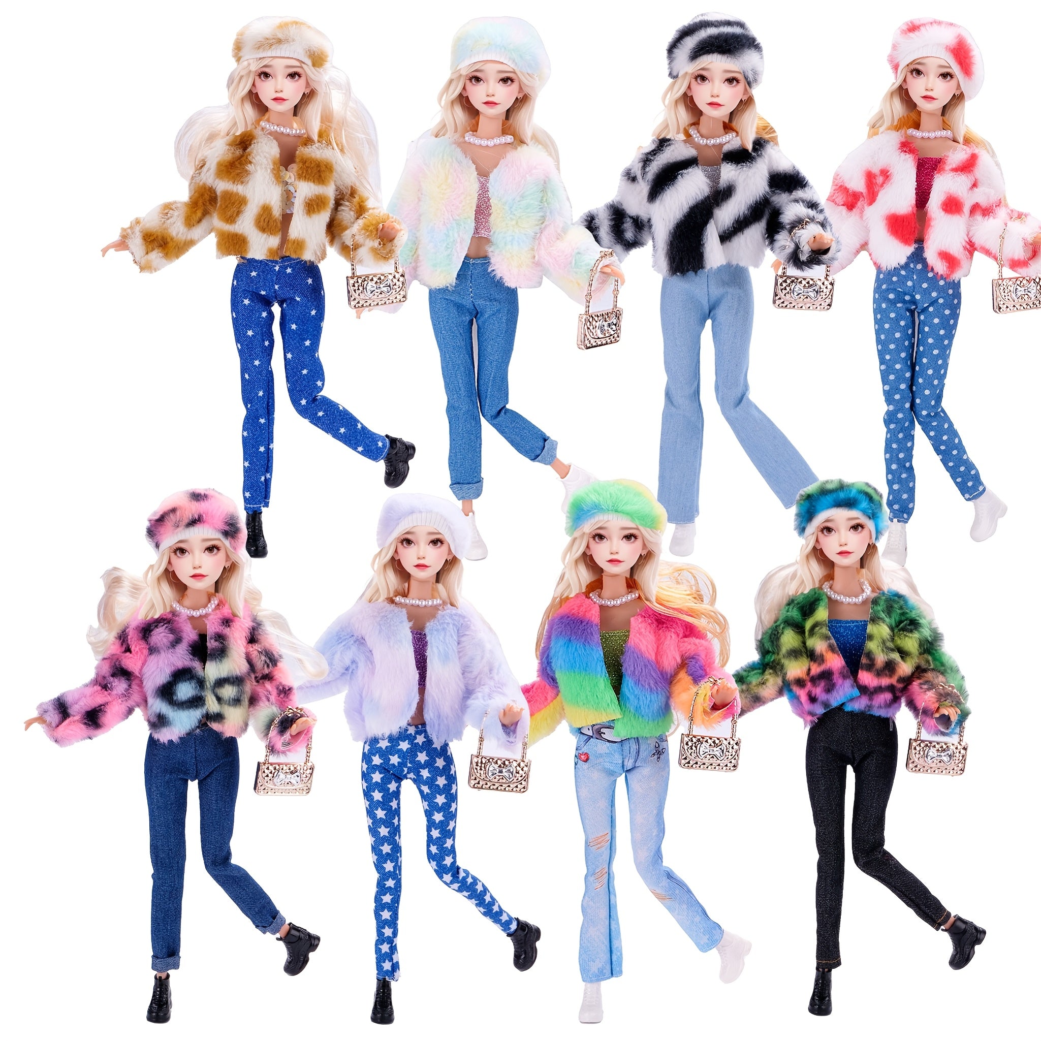 Doll Clothes Set for 11 Inch Doll Faux Fur Coat Denim Jeans Accessories