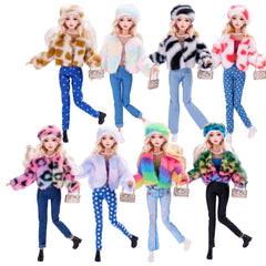 Doll Clothes Set for 11 Inch Doll Faux Fur Coat Denim Jeans Accessories