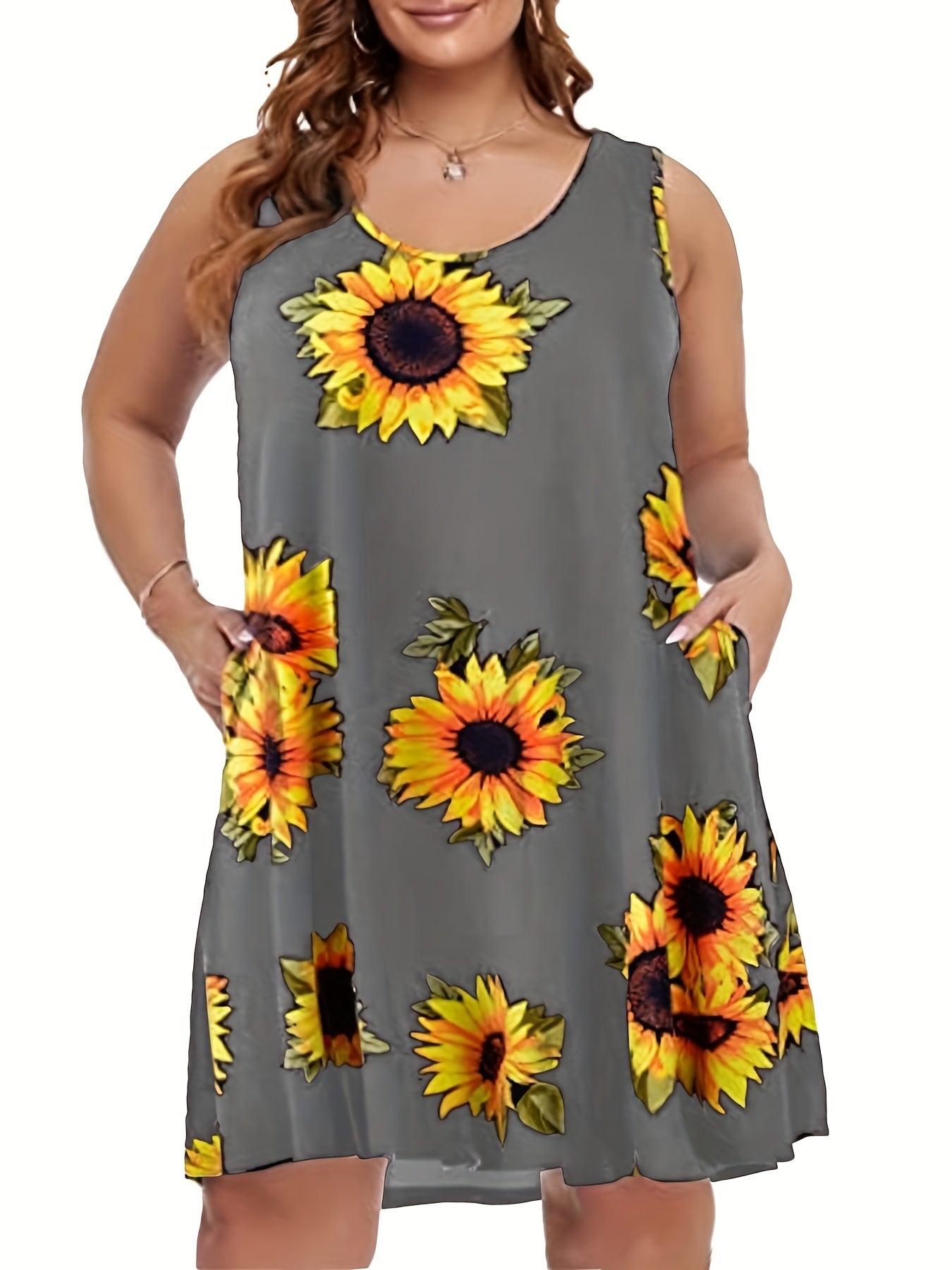 Sunflower Print Tank Dress With Pockets