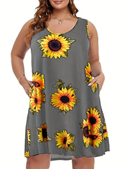 Sunflower Print Tank Dress With Pockets