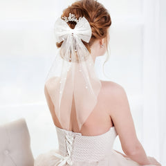 Pearl Bow Bridal Veil Ribbon Hair Clip Accessory for Wedding Bachelorette Party