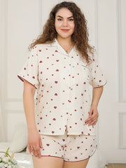 Heart Print Pajama Set Short Sleeve Button Up Shirt & Tie Shorts