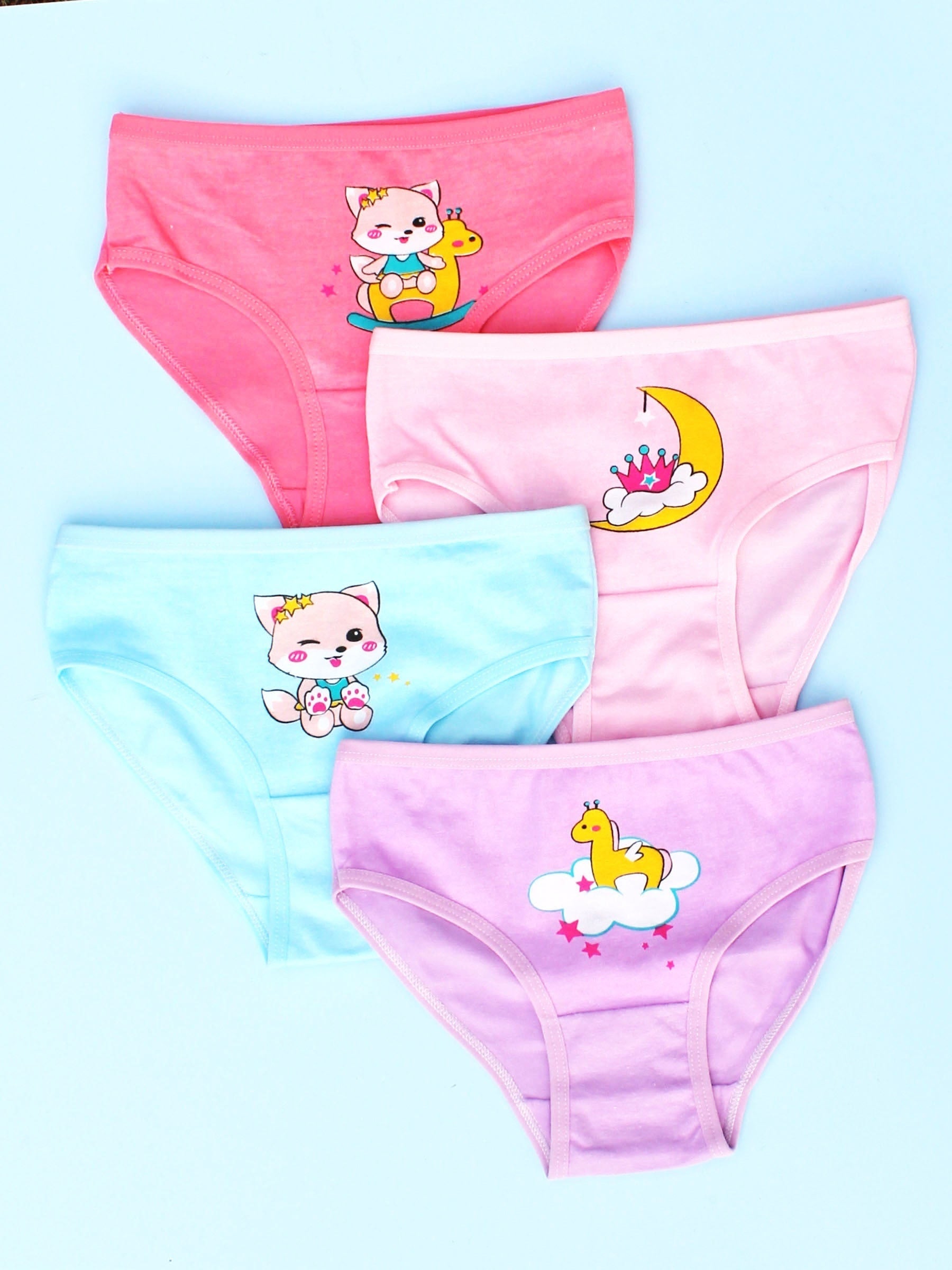4pcs Girls Triangle Panties Fox Moon Print Elastic Waist Comfortable Underwear