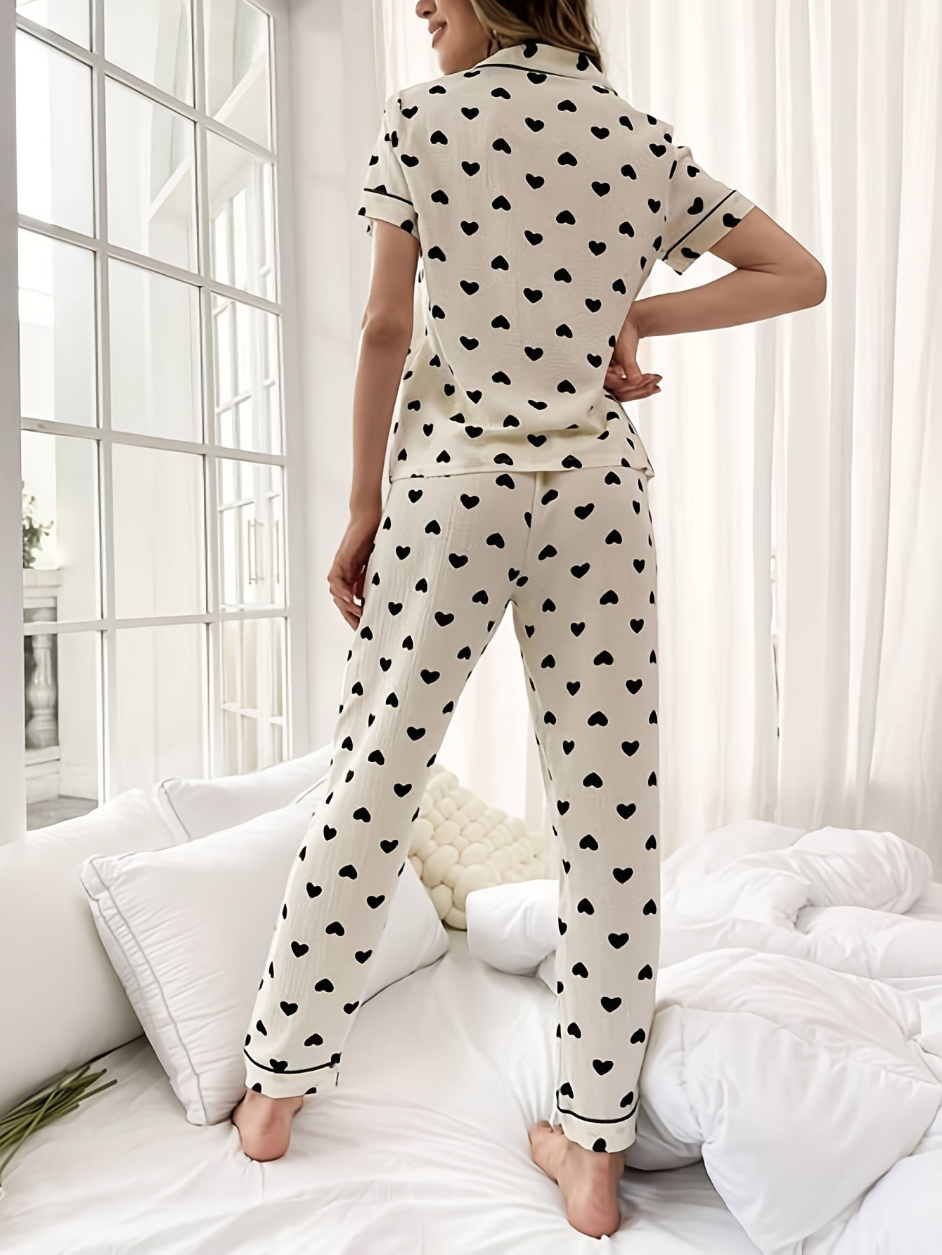 Heart Print Pajama Set Short Sleeve Buttons Top & Elastic Waistband Pants