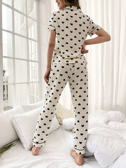 Heart Print Pajama Set Short Sleeve Buttons Top & Elastic Waistband Pants