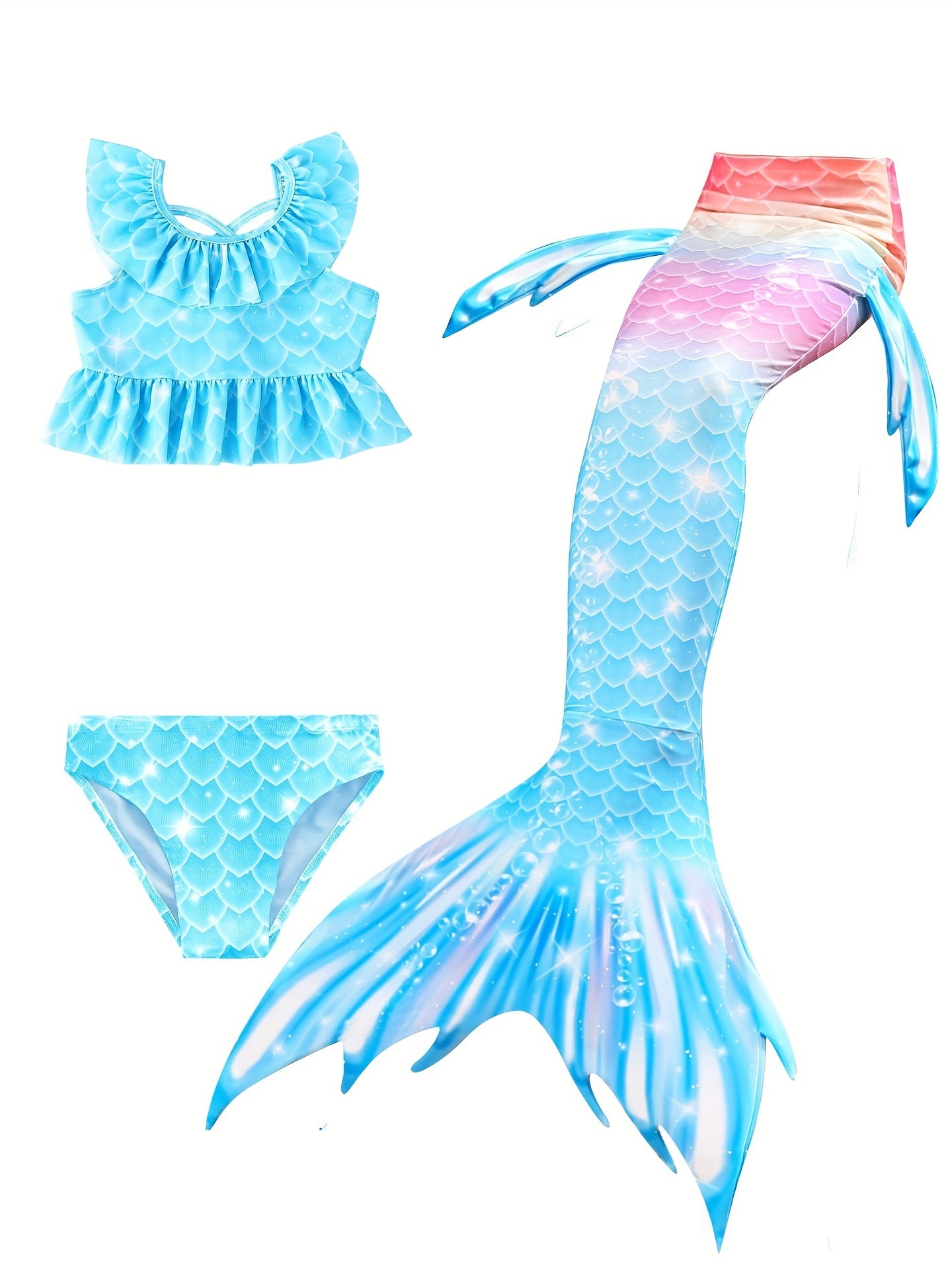 Girl's Mermaid Swimsuit 3pc Ruffled Bikini Set & Mermaid Tail