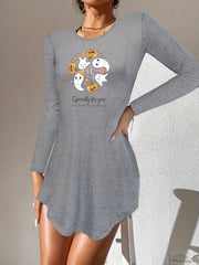 Ghost Print Night Dress Crew Neck Long Sleeve Pajama Dress Women's Sleepwear