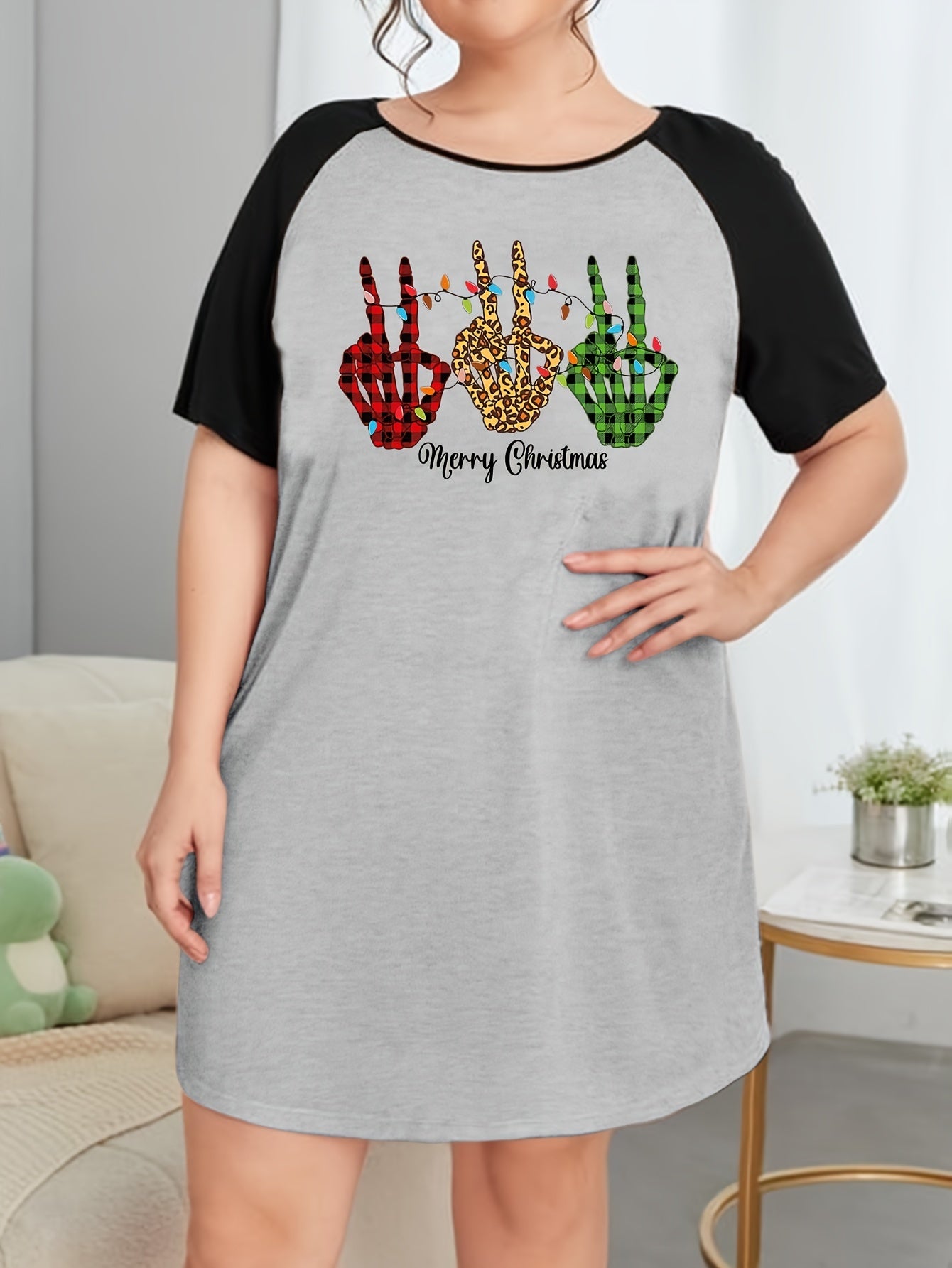 Christmas Skeleton Hand & String Lights Print Raglan Tee Sleep Dress