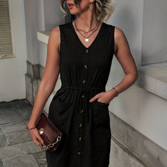 Solid Button V Neck Stretch Mini Tank Dress