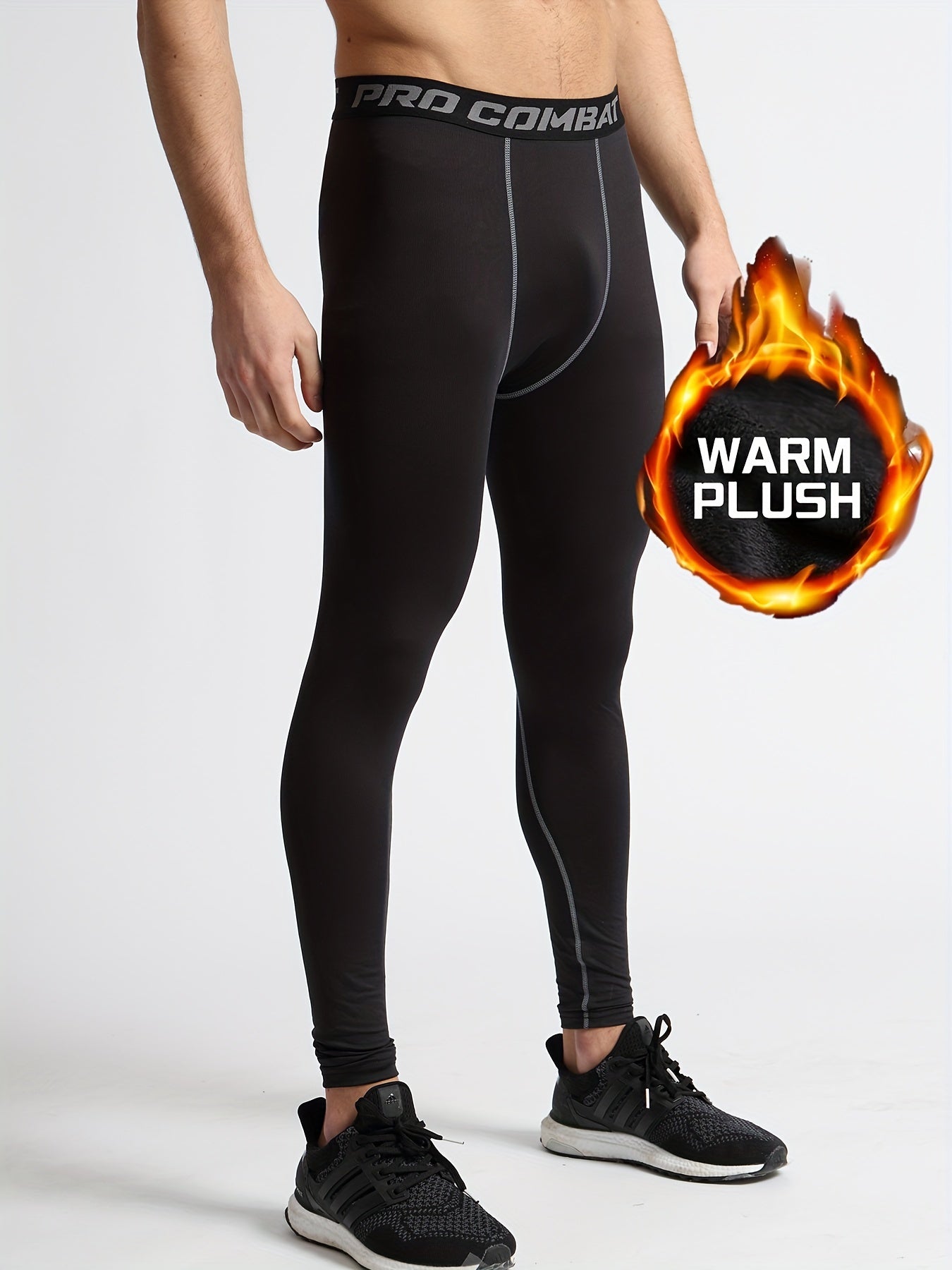 Men's Solid Fleece Warm Compression Pants for Outdoor Workout