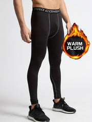 Men's Solid Fleece Warm Compression Pants for Outdoor Workout