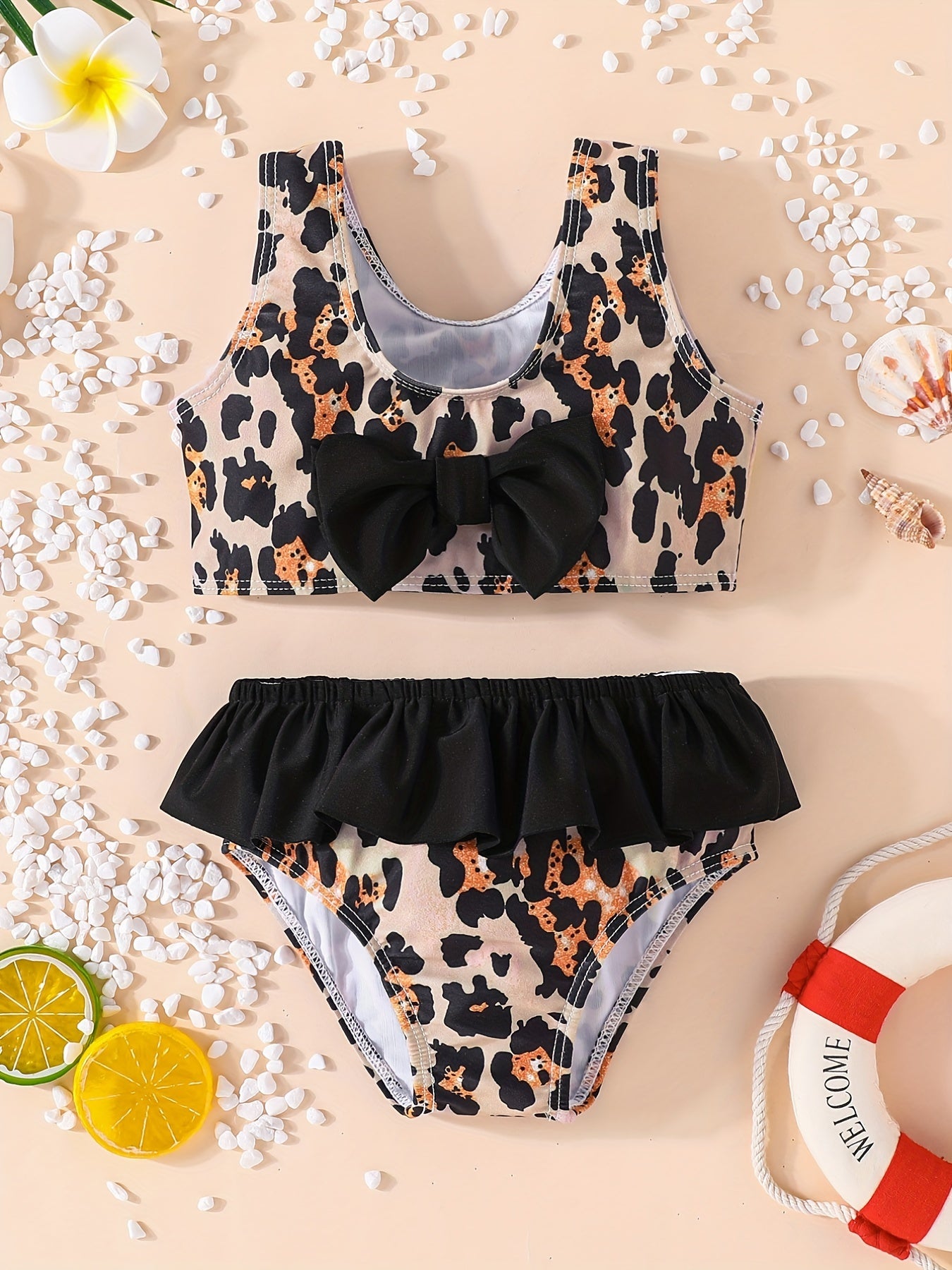 Girls Leopard Print Bow Ruffles Bikini Swimsuit Beach Swimwear Bathing Suits