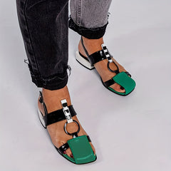 Colorblock Low Heel Sandals Adjustable Strap Block Heel Shoes