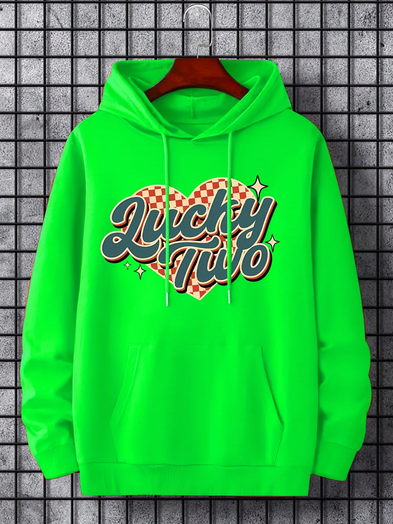 Men's Lucky Two Print Hoodie Casual Slightly Stretch Drawstring Hooded Sweatshir