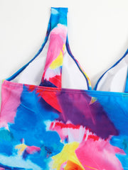 Feather Print Tank Dress & Panty Swimsuit Set 2pcs