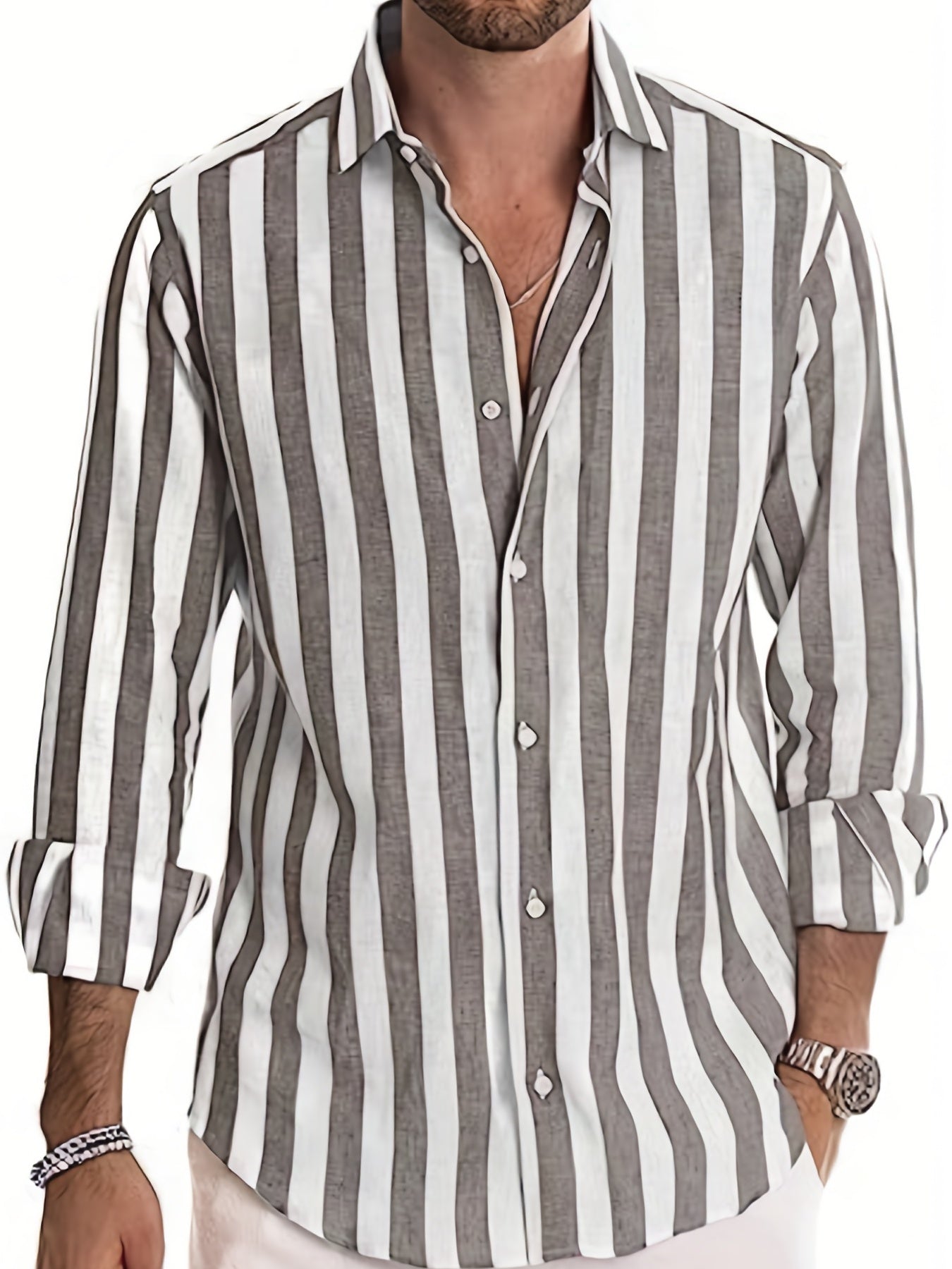 Men's Vertical Striped Casual Shirt Long Sleeves Regular Fit