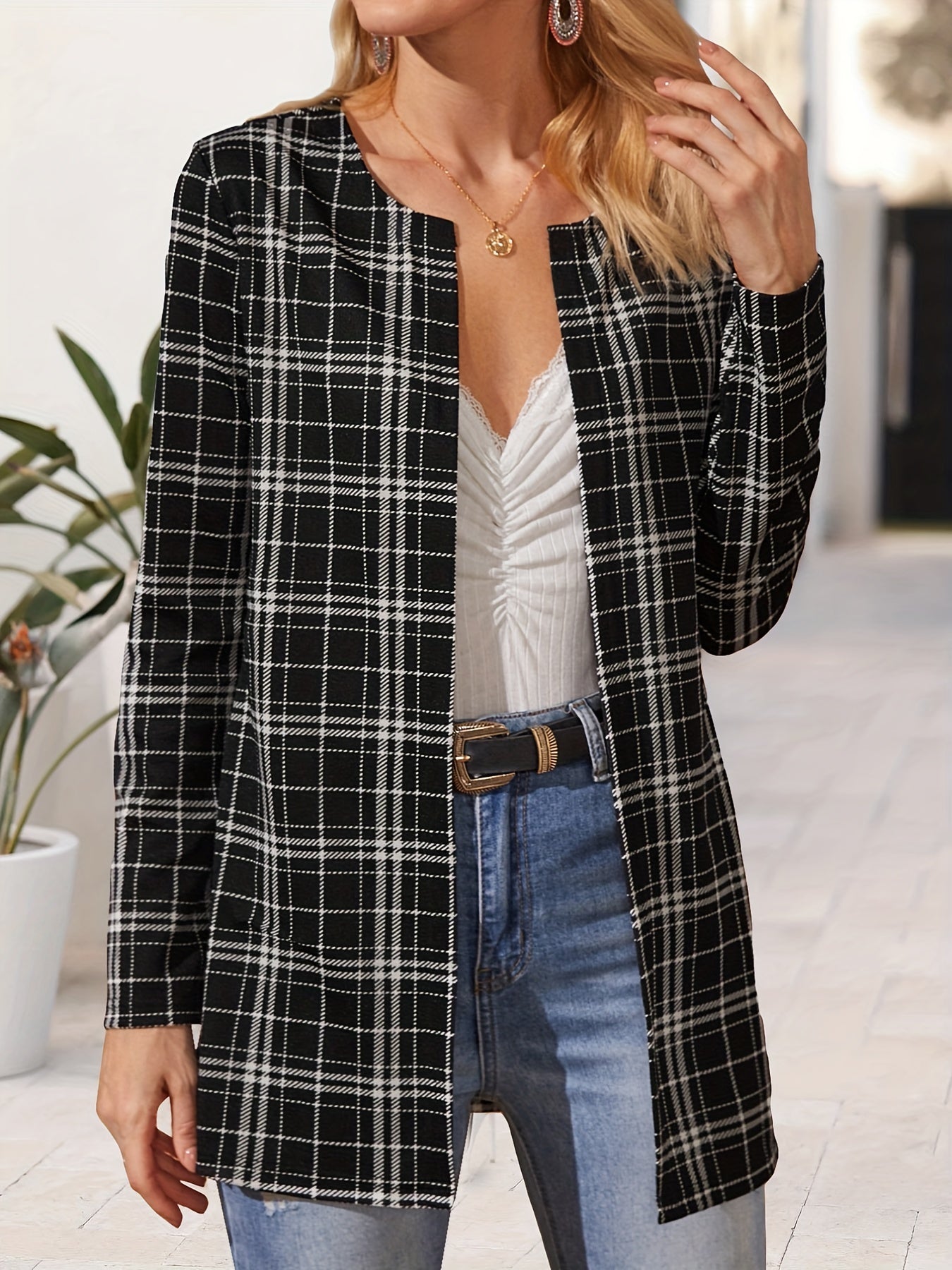 Plaid Print Open Front Jacket Crew Neck Long Sleeve Outerwear