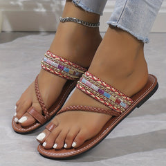 Boho Style Toe Loop Flat Slides Beach Sandals