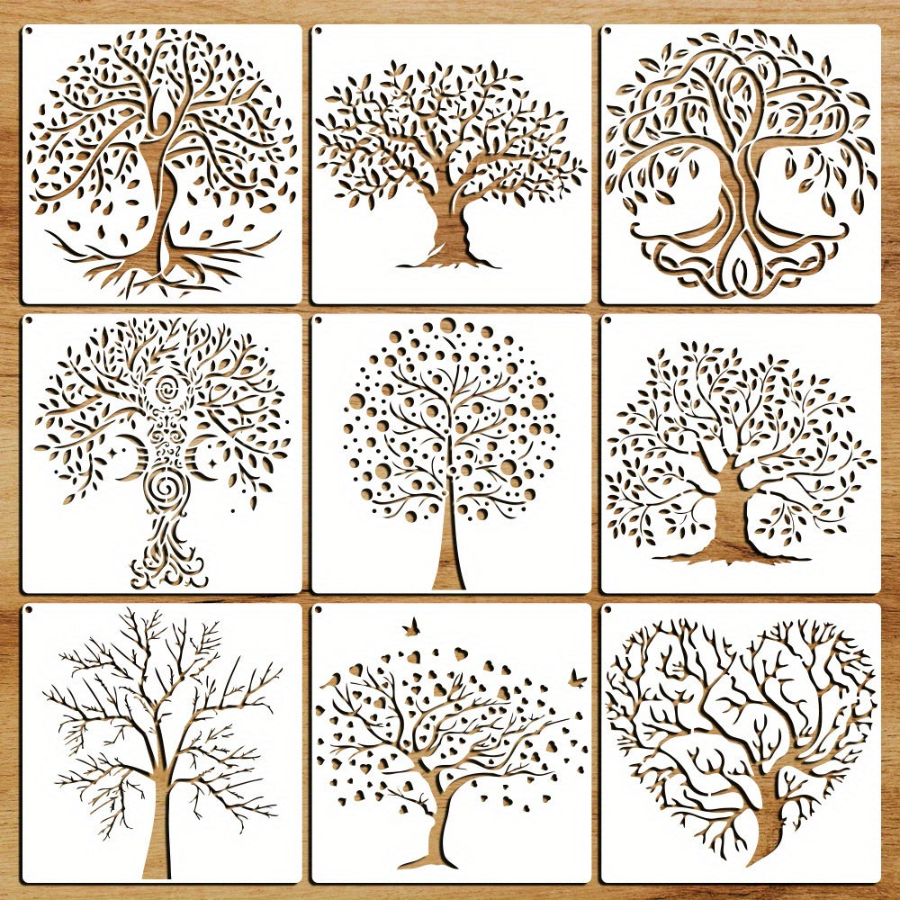 9pcs Tree Of Life Stencils 7.87x7.87in Reusable DIY Art Craft Stencil