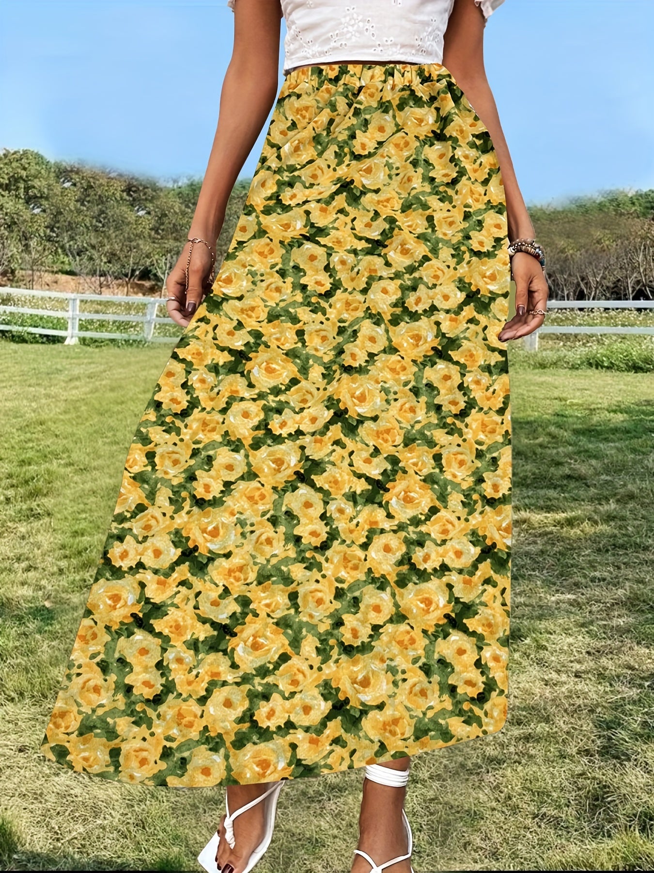 Floral Print Elastic Waist Skirt for Women