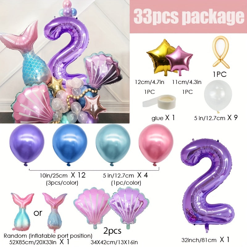 Mermaid Balloon Set Purple Number Aluminum Film Birthday Party Decoration